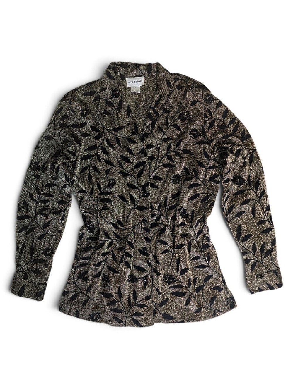 Alfred Dunner Gold With Black Leaf Vine Design Long Sleeve Blouse